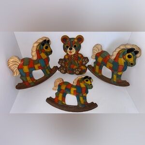 Vintage 70s foam Patchwork 3 Rocking Horse and 1 Bear Toy wall decor bundle